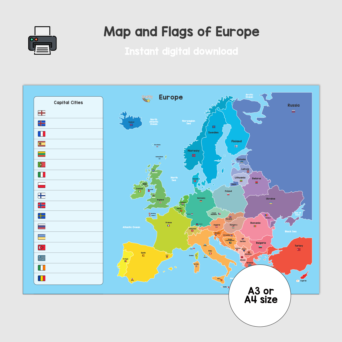 Europe Map and Flags for Kids Printable
