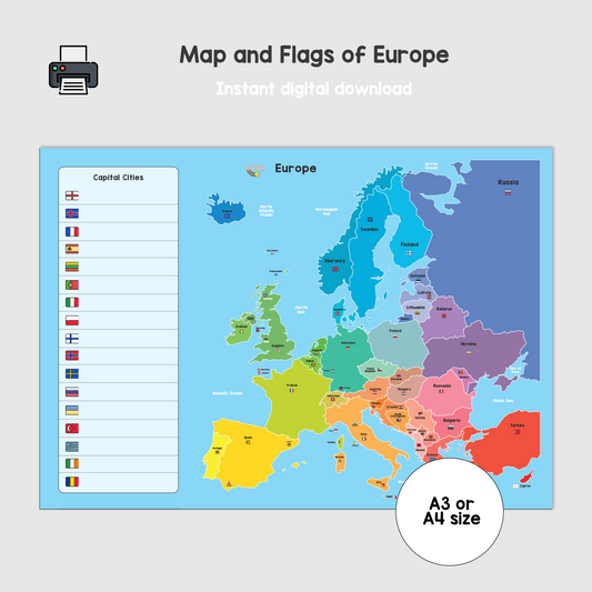 Europe Map and Flags for Kids Printable