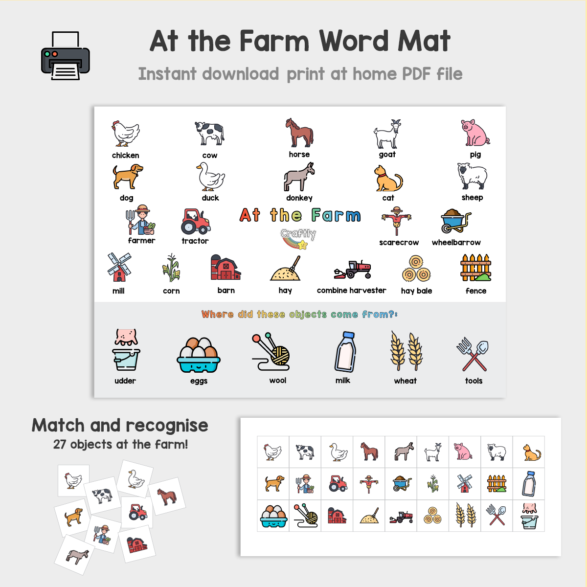 Farm Word Mat and Matching Activity