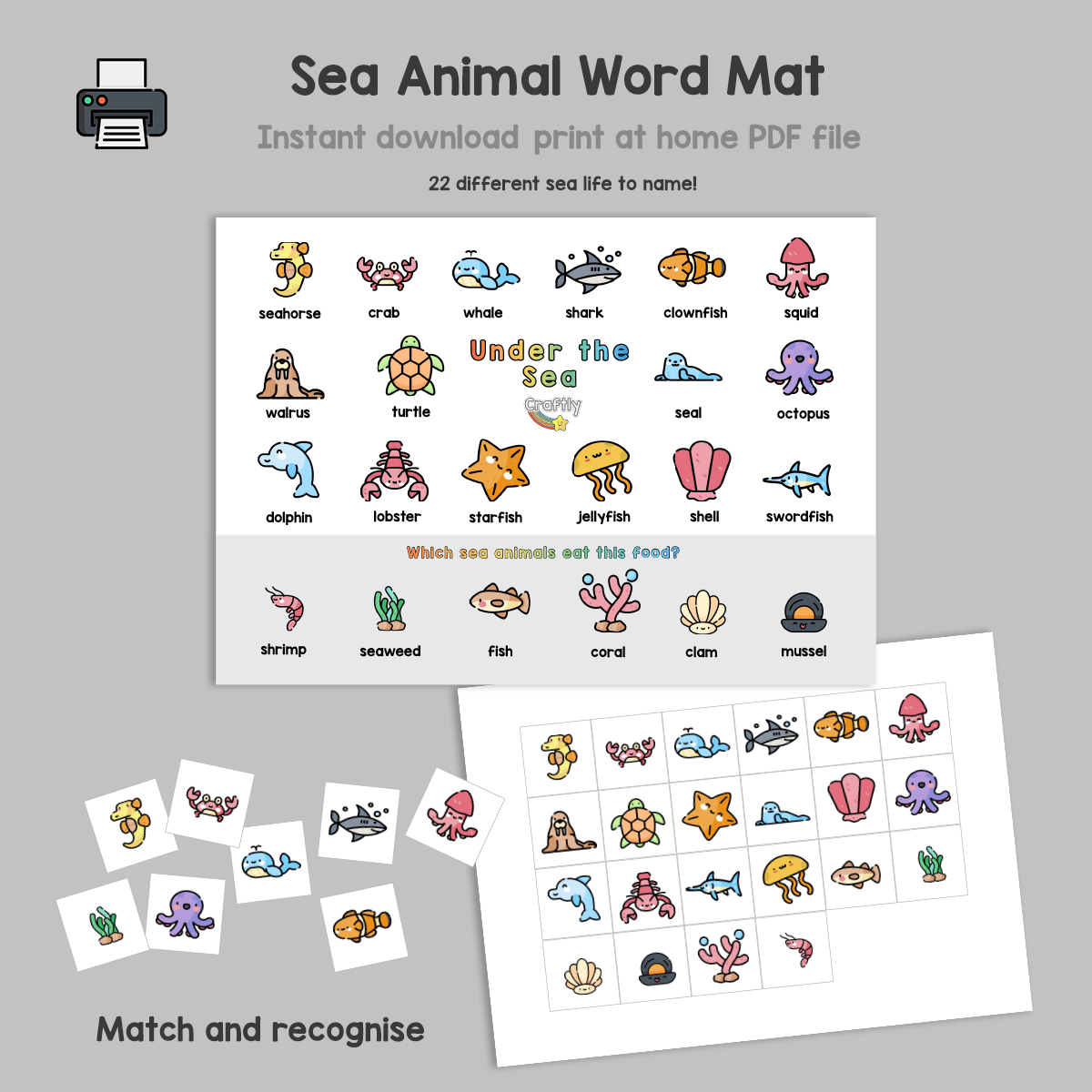 Sea Animals Word Mat and Matching Activity