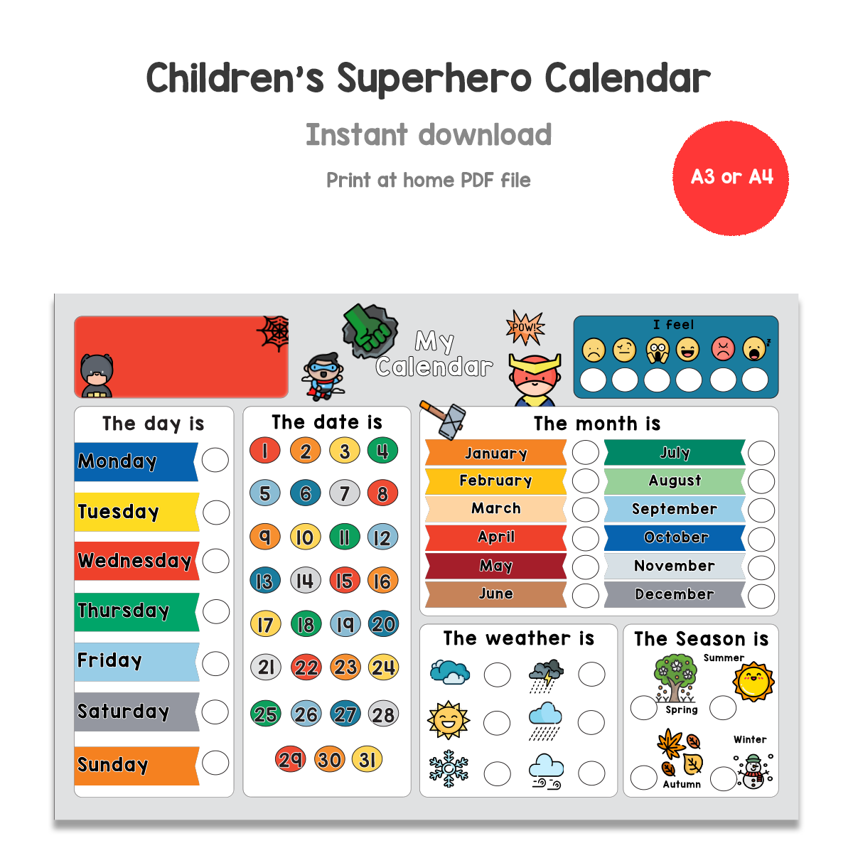 Children's Superhero Calendar