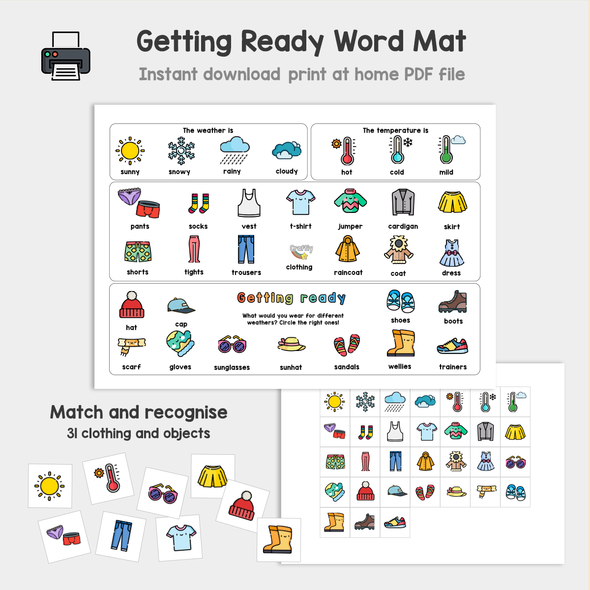 Getting Ready Word Mat and Matching Activity